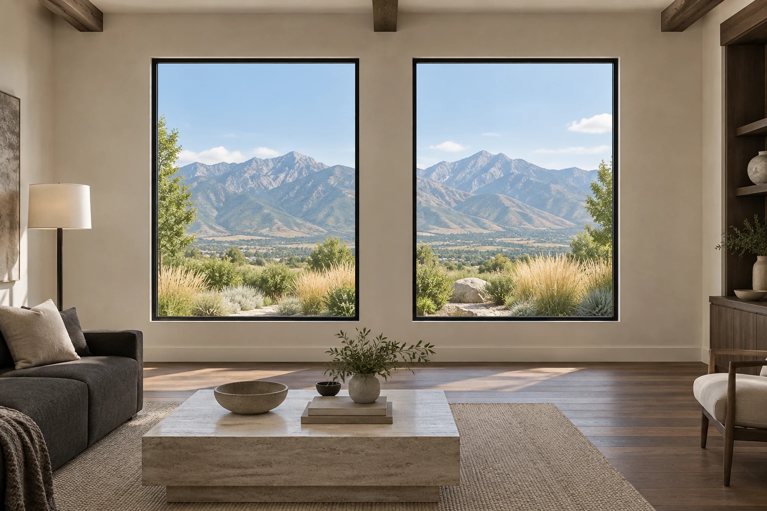 Obsidian concept room with two windows overlooking the mountains